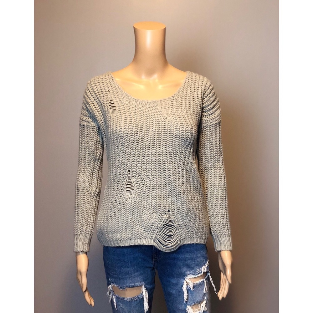 GRIFFLIN PARIS grey distressed crew neck sweater